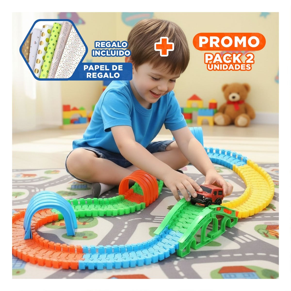 PACK2 CAMINO DE COLORES CON CARRO JUGUETE PARA NIÑOS CREATIVO Y ALEGRE YPAPEL REGALO - 1