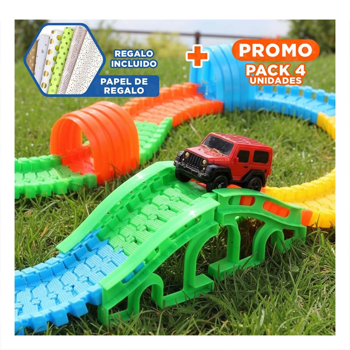 PACK4 CAMINO DE COLORES CON CARRO JUGUETE PARA NIÑOS ALEGRE Y SEGURO YPAPEL REGALO - 1