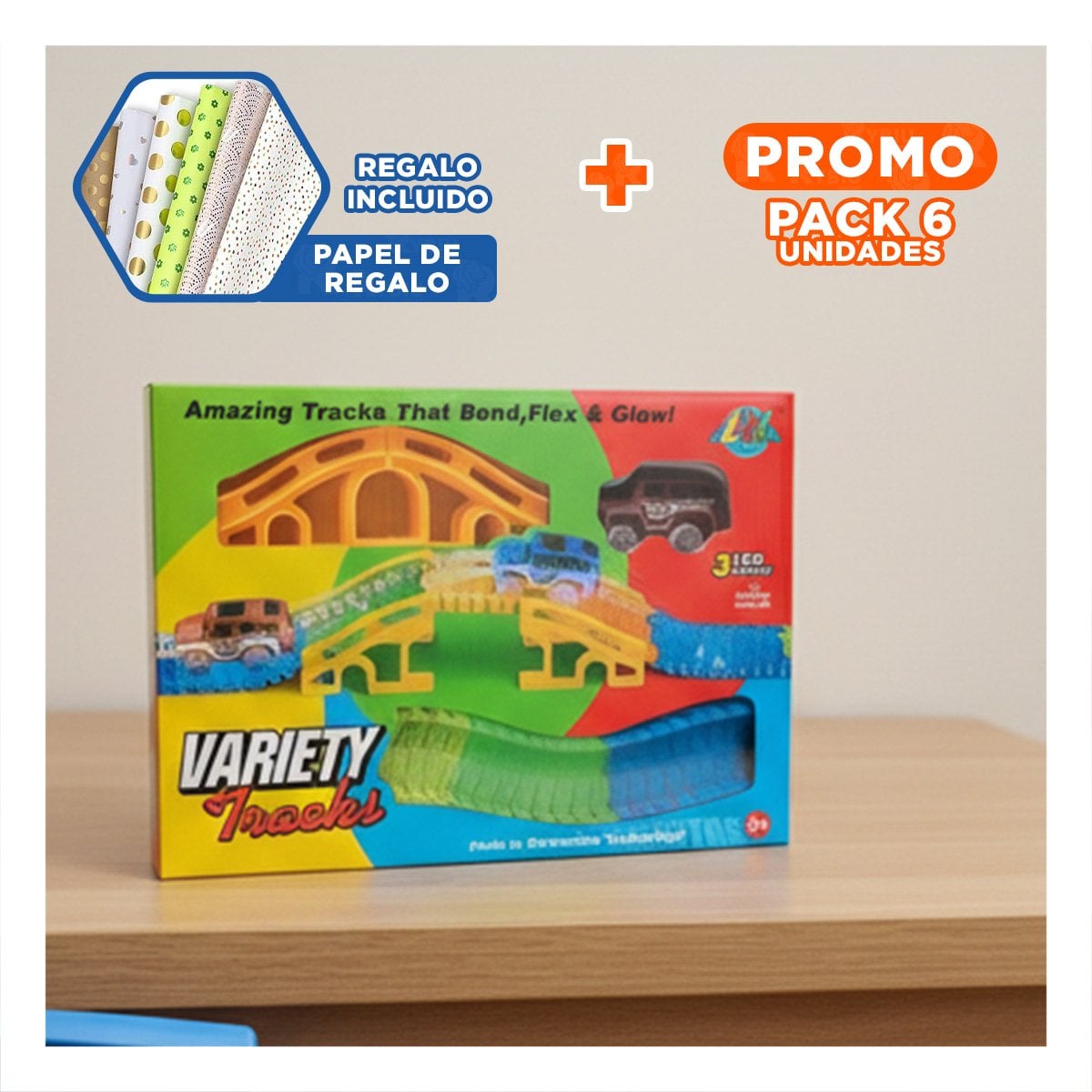PACK6 PISTA DE COLORES CON CARRO JUGUETE PARA NIÑOS ALEGRE Y COLORIDO YPAPEL REGALO - 1