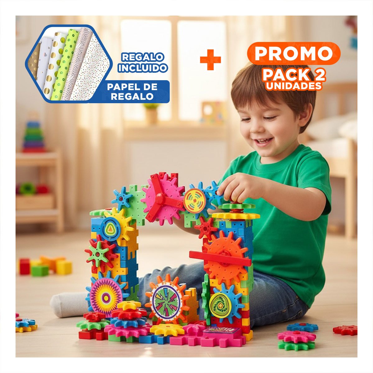 PACK2 SET DIDACTICO Y CREATIVO DE GRANAJE 108 PIEZAS PARA NIÑOS YPAPEL REGALO - 1