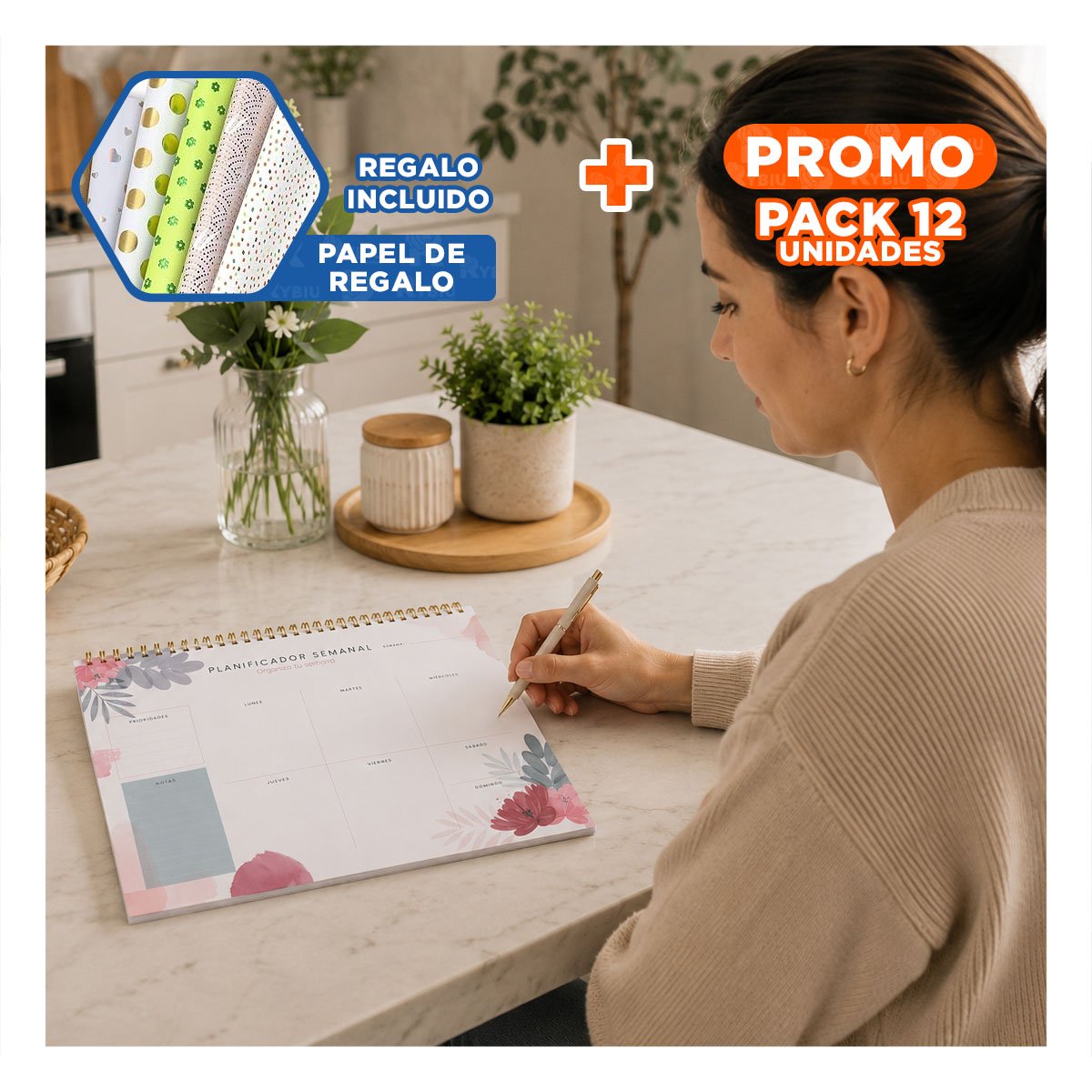 PACK12 CUADERNO ORGANIZADOR BEIGE CON VISTA SEMANAL DE 50 HOJAS 28X22,5 YPAPEL REGALO - 1