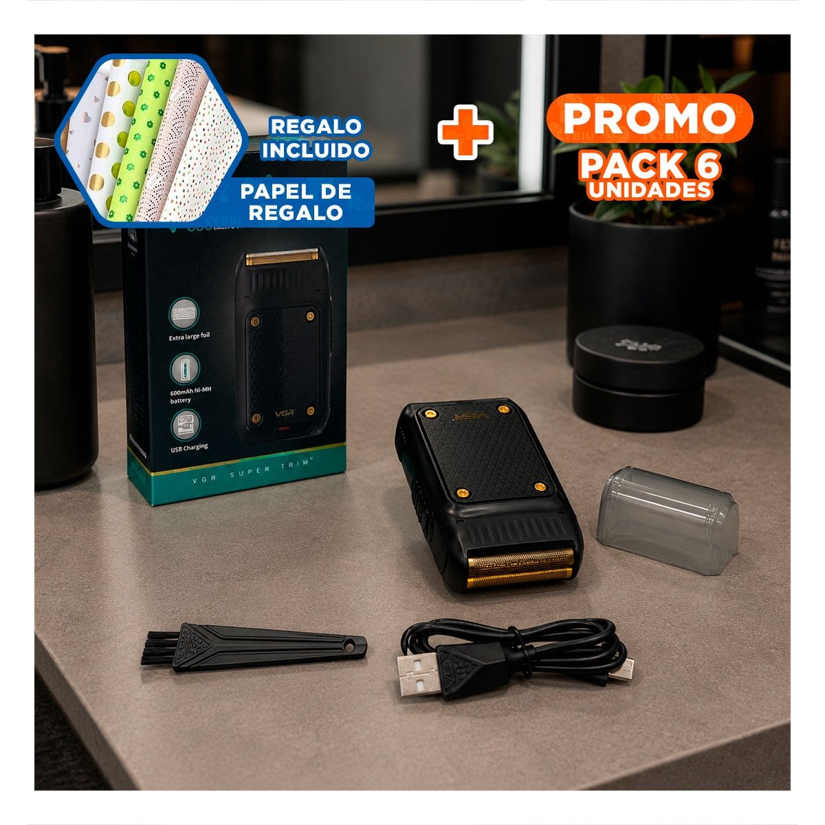 PACK6 ARTICULO PARA AFEITADO INALAMBRICO RECARGABLE PARA USO DIARIO PARA BARBA YPAPEL REGALO - 1