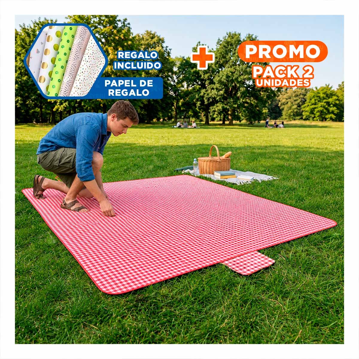 PACK2 COBERTOR TIPO CARTERA DOBLE TELA PARA SALIDAS AL AIRE LIBRE ROJO CUADRITOS YPAPEL REGALO - 1