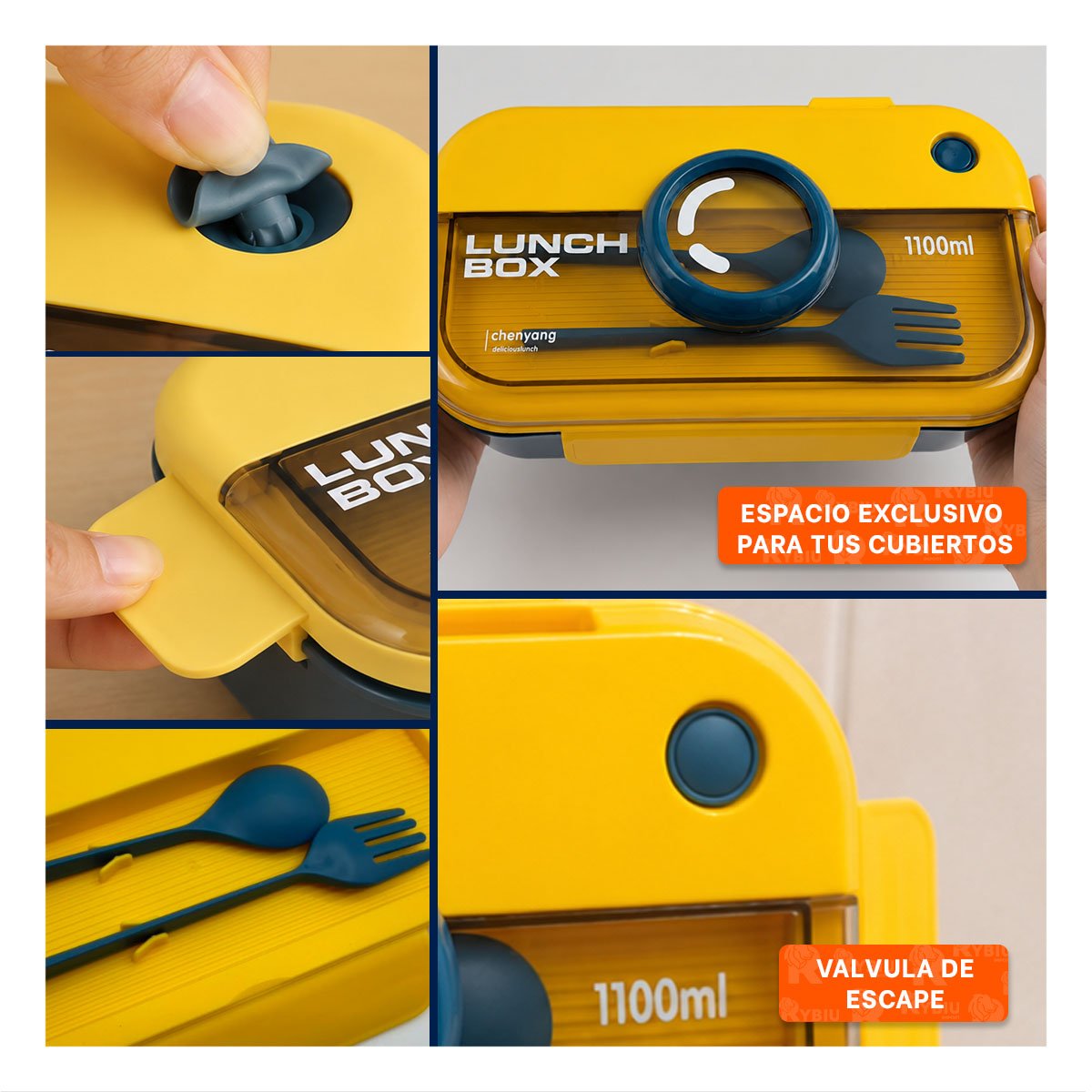 RECIPIENTE PARA COMIDAS RECTANGULAR LUNCH BOX AZUL Y AMARILLO CON CUBIERTOS Y PAPEL REGALO - 3