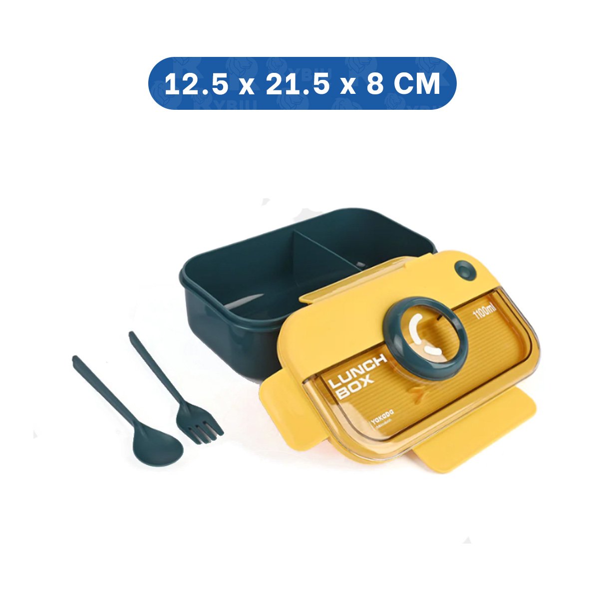 RECIPIENTE PARA COMIDAS RECTANGULAR LUNCH BOX AZUL Y AMARILLO CON CUBIERTOS Y PAPEL REGALO - 4