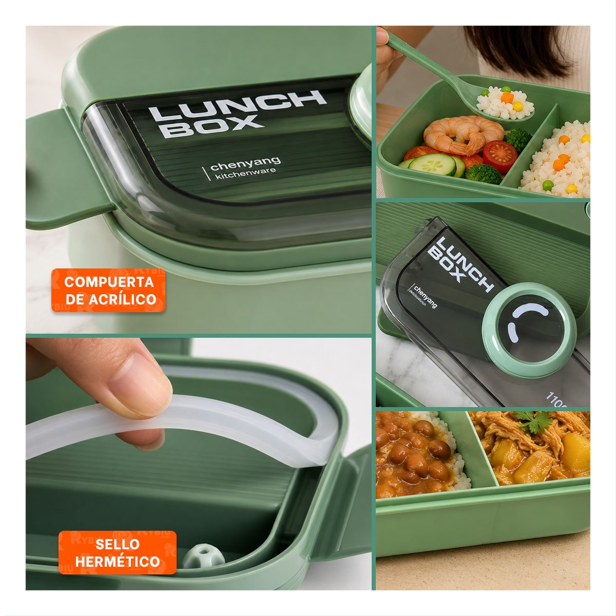 TAPER CON CUBIERTOS LUNCH BOX VERDE RECTANGULAR 1100ML PARA ALIMENTOS - 2