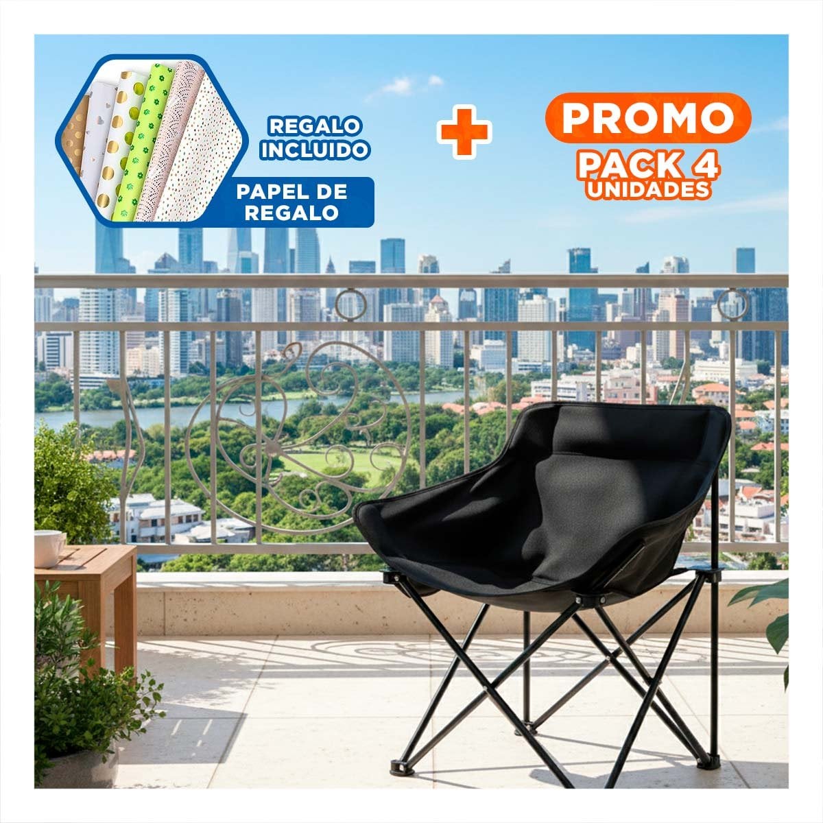 PACK4 ASIENTO PLEGABLE CAMPING PORTATIL 40X70CM CONFIABLE Y ESTABLE YPAPEL REGALO - 1