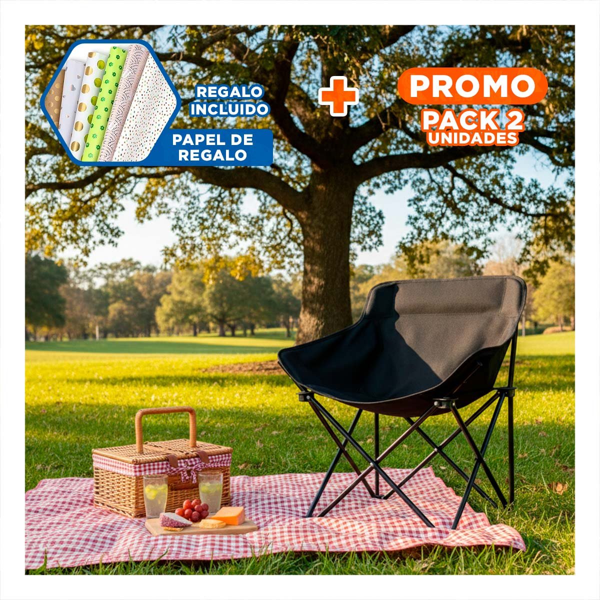 PACK2 BUTACA PORTATIL CAMPING PLEGABLE 40X70CM DURADERA Y CONFIABLE YPAPEL REGALO - 1