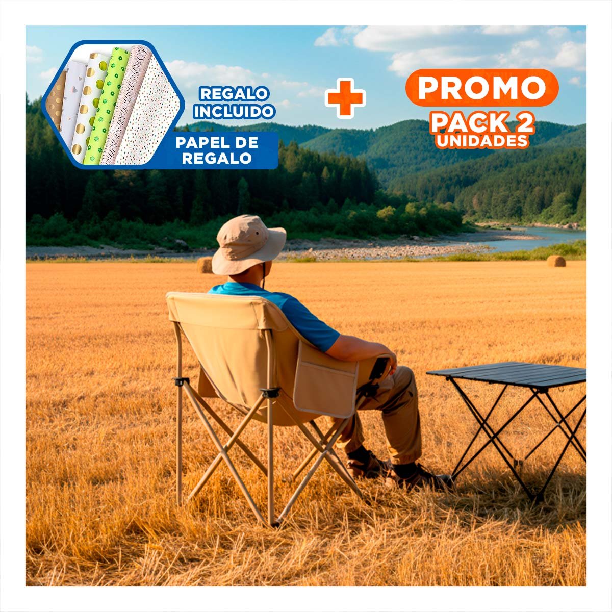 PACK2 BUTACA PORTATIL CAMPING PLEGABLE 40X70CM DURADERA Y CONFIABLE YPAPEL REGALO - 1