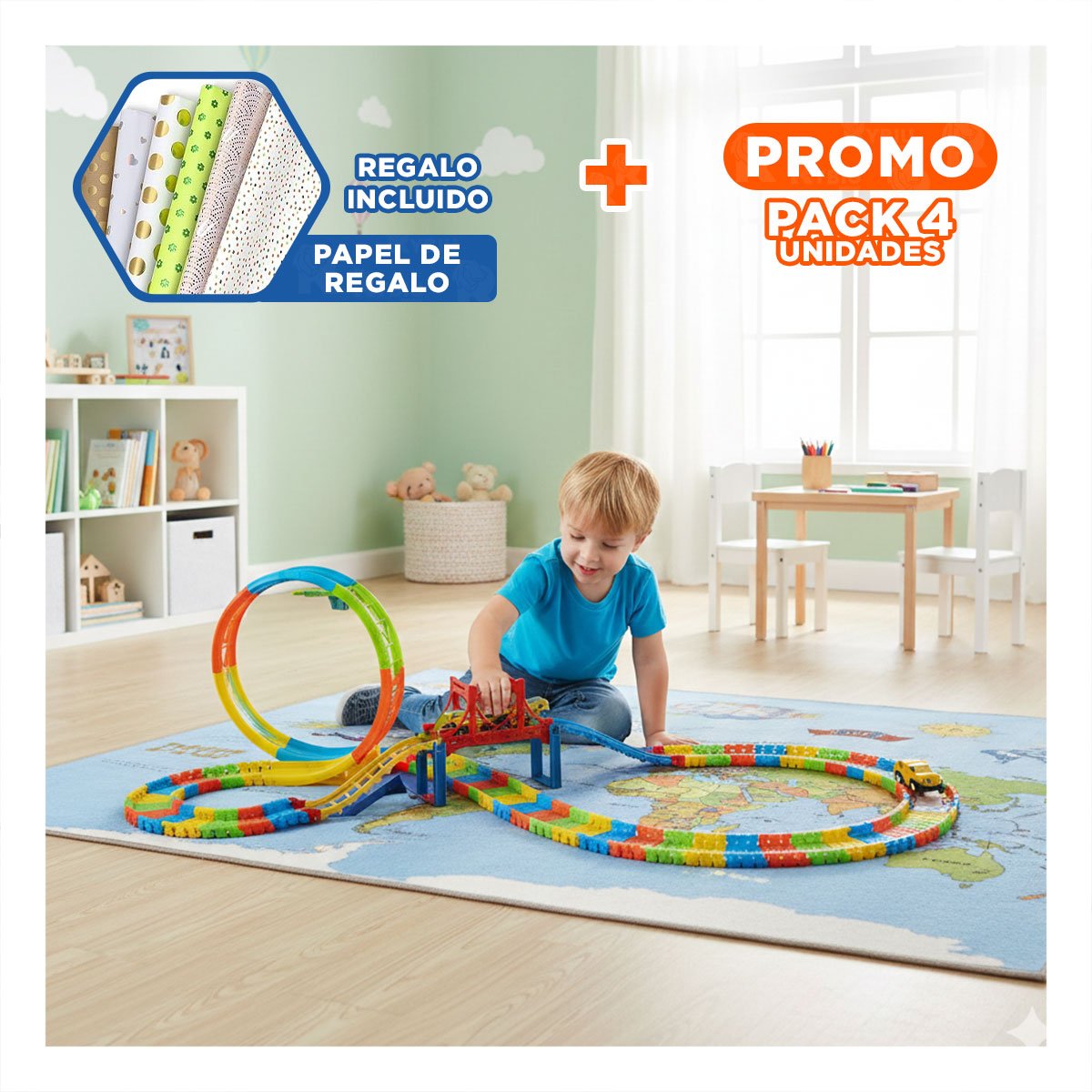 PACK4 CAMINO DE JUEGO CON MINI CARRO PARA CASA DIVERSION Y JUEGO CREATIVO YPAPEL REGALO - 1