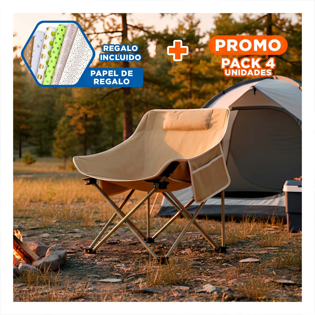 PACK4 ASIENTO PLEGABLE CAMPING PORTATIL 40X70CM CONFIABLE Y ESTABLE YPAPEL REGALO - 1