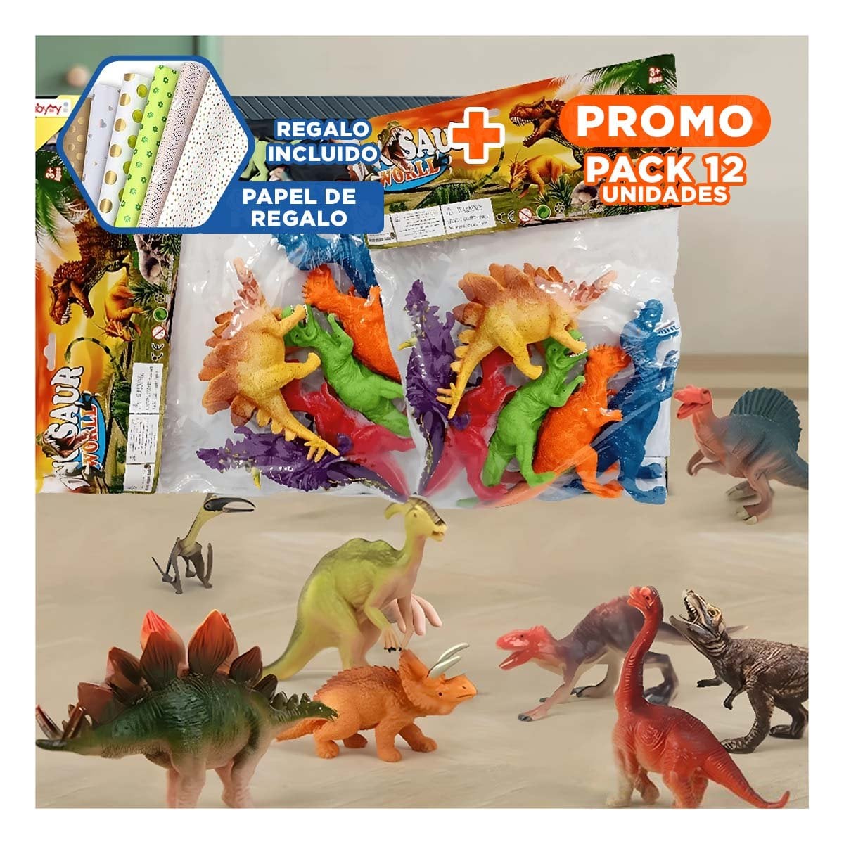 PACK12 DETALLE DE DINOSAURIOS CON ACCESORIOS EN BOLSA PARA DIVERSION YPAPEL REGALO - 1