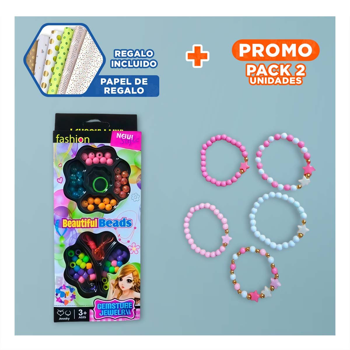 PACK2 CONTENEDOR CREATIVO DE HACER COLLARES DE JUGUETE EN CAJA PARA NIÑAS YPAPEL REGALO - 1