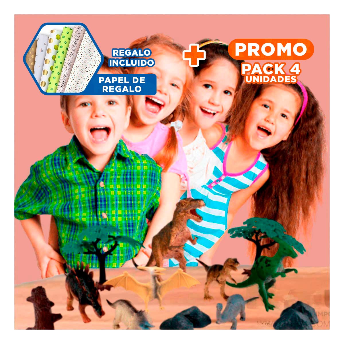 PACK4 DIVERSION DE DINOSAURIOS CON HUEVO Y ACCESORIOS EN BOLSA PARA REGALO YPAPEL REGALO - 1
