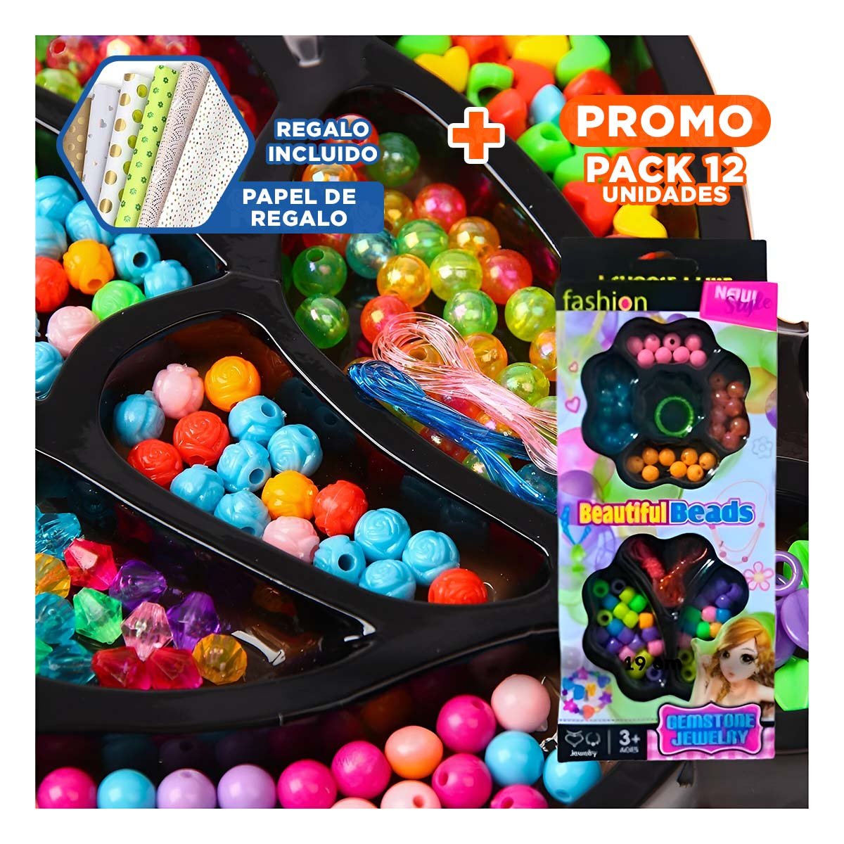 PACK12 KIT DE HACER COLLARES DE JUGUETE EN CAJA PARA NIÑAS YPAPEL REGALO - 1