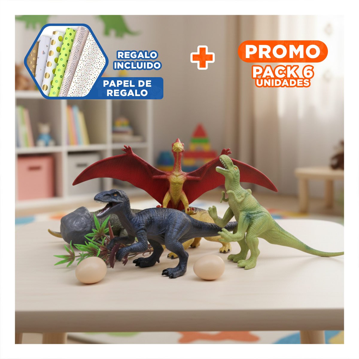 PACK6 AVENTURA DE DINOSAURIOS CON HUEVO Y ACCESORIOS EN BOLSA PARA REGALO YPAPEL REGALO - 1