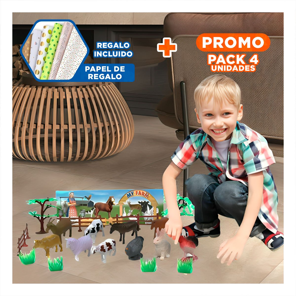 PACK4 FIGURAS REALISTAS DE ANIMALES DE GRANJA CON PLANTAS PARA CASA YPAPEL REGALO - 1