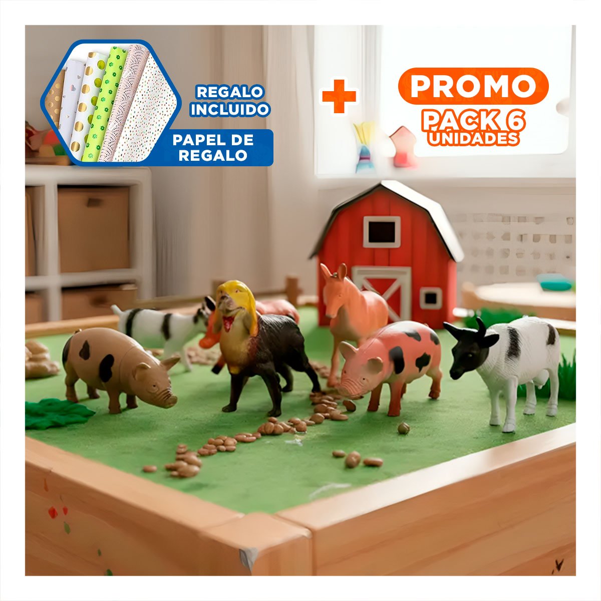 PACK6 SET REALISTA DE ANIMALES DE GRANJA DOMESTICO EN BOLSA PARA JUEGO CREATIVO YPAPEL REGALO - 1