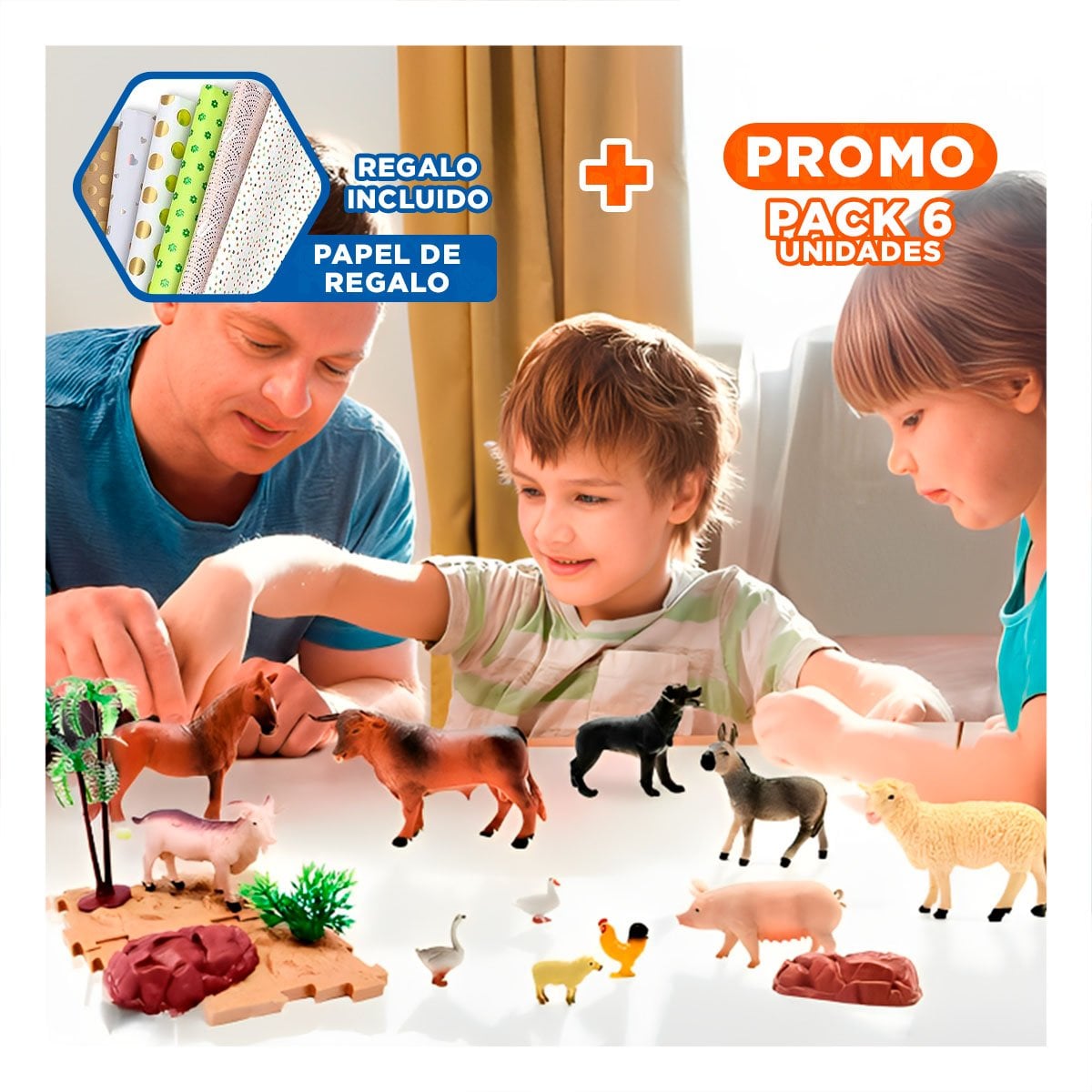 PACK6 COLECCION DE JUEGO DE ANIMALES DE GRANJA CON PLANTAS PARA HOGAR YPAPEL REGALO - 1