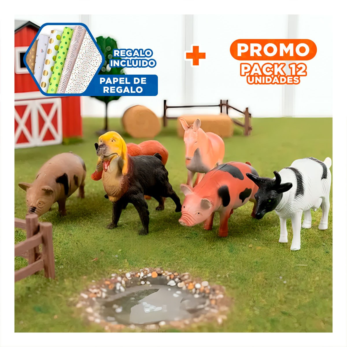 PACK12 KIT REALISTA DE ANIMALES DE GRANJA DOMESTICO EN BOLSA PARA HOGAR YPAPEL REGALO - 1