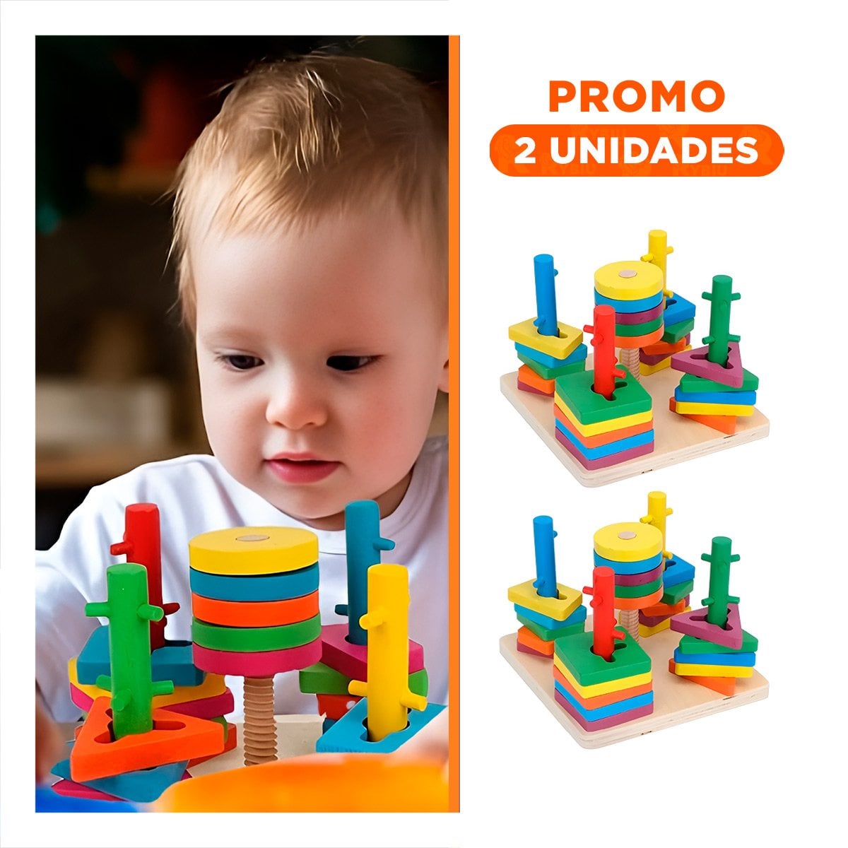 PACK2 EDUCATIVO DIDACTICO DE ENCAJE MULTICOLOR CON FIGURAS DE MADERA CASA - 1