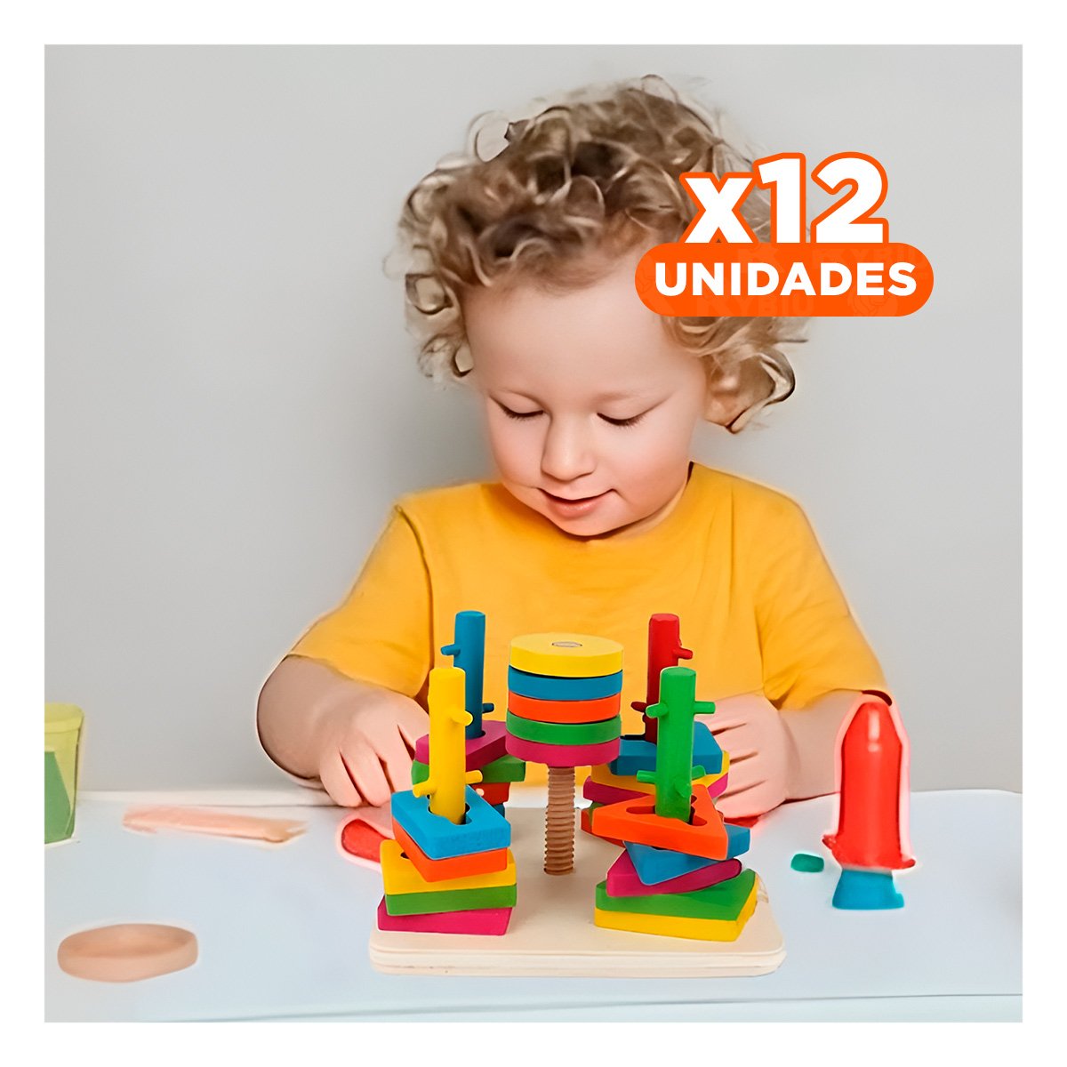 PACK12 CAJA DE ENCAJE MULTICOLOR CON FIGURAS DE MADERA PARA USO DIDACTICO HOGAR - 1