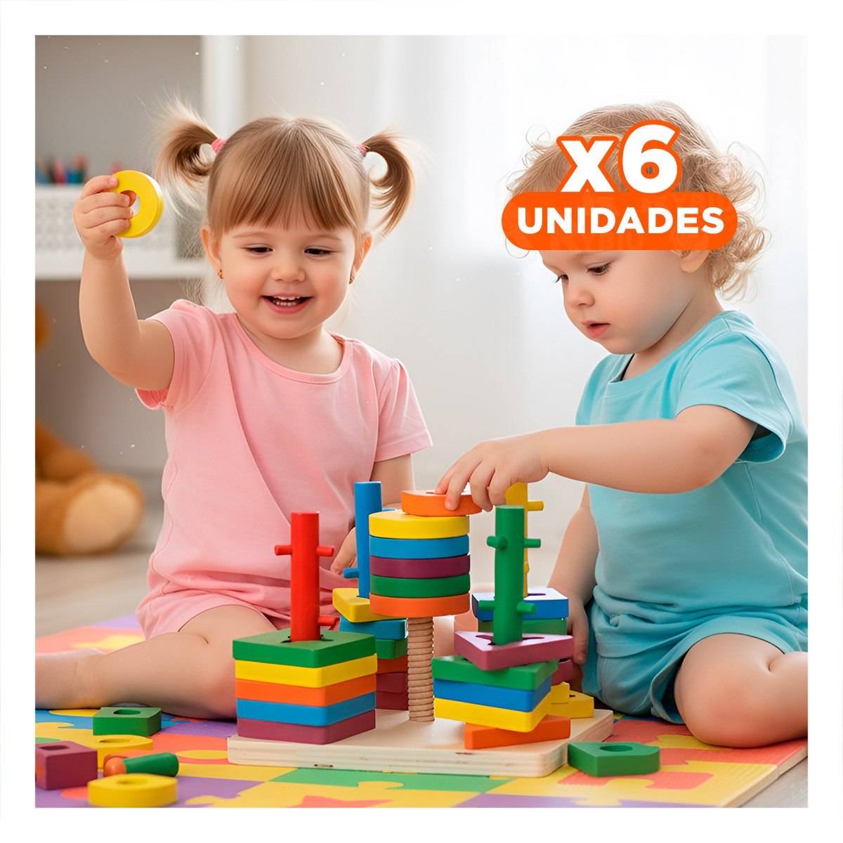 PACK6 SET DE ENCAJE MULTICOLOR CON PIEZAS DE MADERA PARA APRENDIZAJE EN CASA YREGALO STICKER - 1