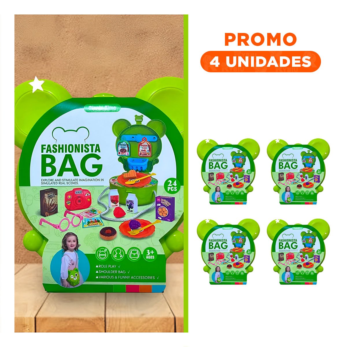 PACK4 ESTUCHE OREJITAS PICNIC 24 PZS VERDE PARA JUEGO INFANTIL DE COCINA YREGALO STICKER - 1