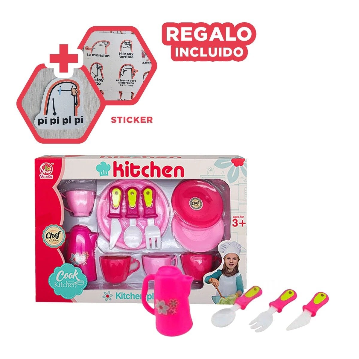 COLECCION HOGAR DE COCINA CON PLATOS Y TAZAS ROSADO PARA MESA FUNCIONAL YREGALO STICKER - 1