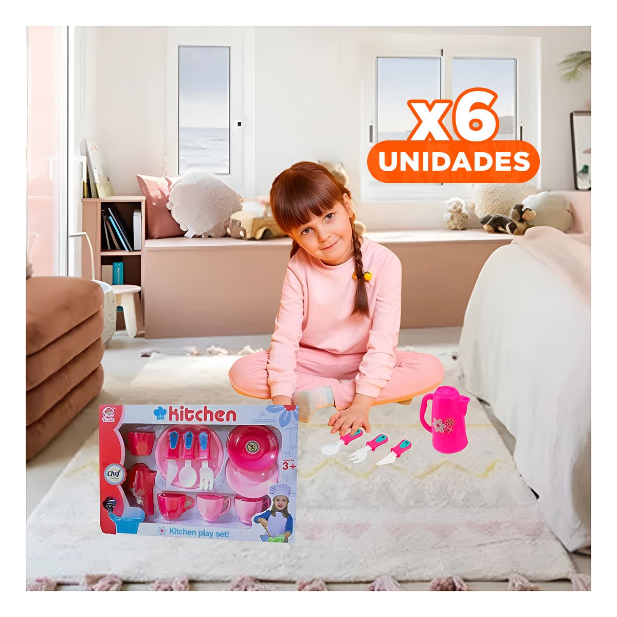 PACK6 ATRIBUTO DE COCINA CON PLATOS Y TAZAS ROSADO PARA HOGAR Y USO DIARIO YREGALO STICKER - 1