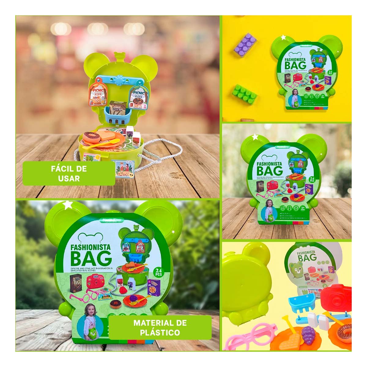 MALETIN OREJITAS PICNIC 24 PZS VERDE PARA JUEGO INFANTIL DE ROL CREATIVO - 5