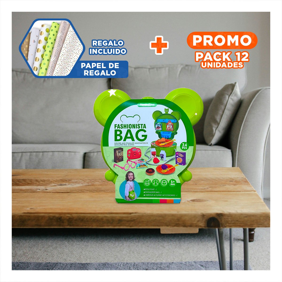 PACK12 CANASTA OREJITAS PICNIC 24 PZS VERDE PARA JUEGO INFANTIL IMAGINATIVO YPAPEL REGALO - 1