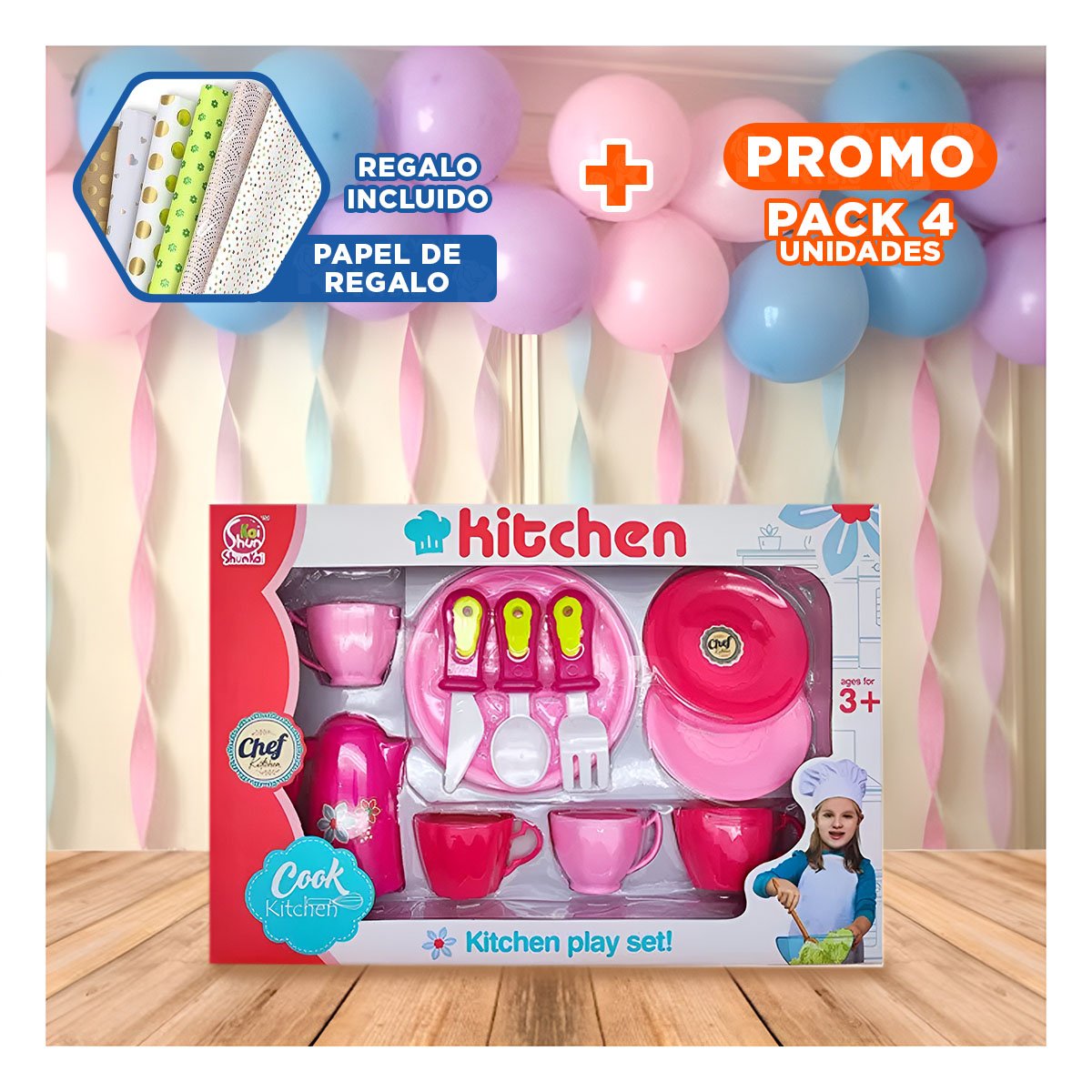 PACK4 VERSION HOGAR DE COCINA CON PLATOS Y TAZAS ROSADO PARA USO DIARIO YPAPEL REGALO - 1