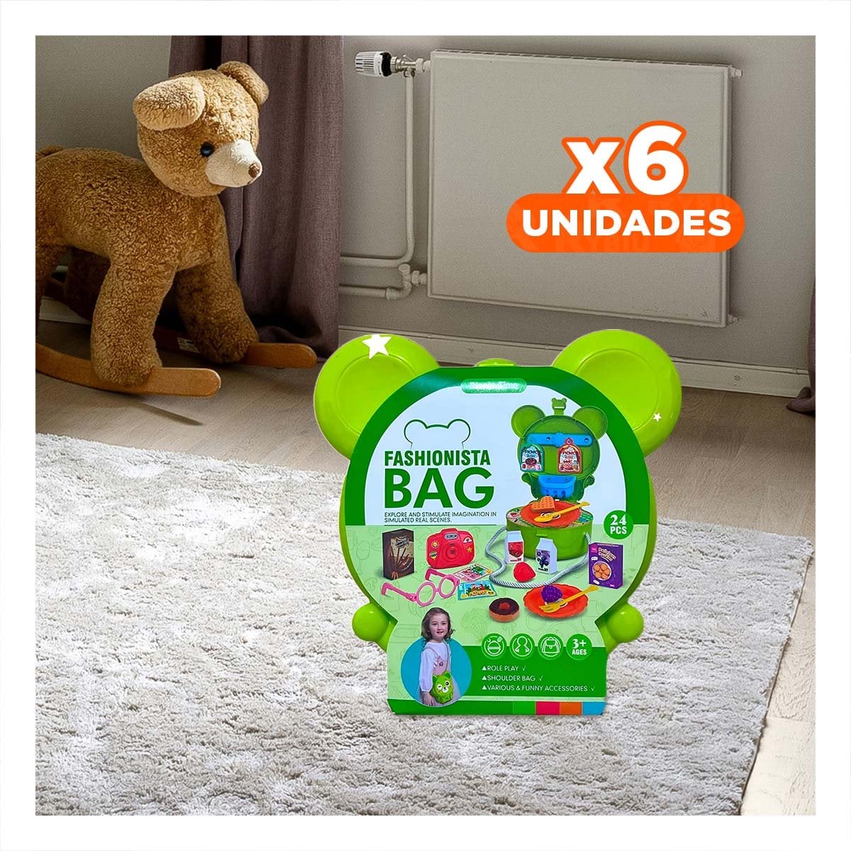 PACK6 ESTUCHE OREJITAS PICNIC 24 PZS VERDE PARA JUEGO INFANTIL IMAGINATIVO YREGALO STICKER - 1