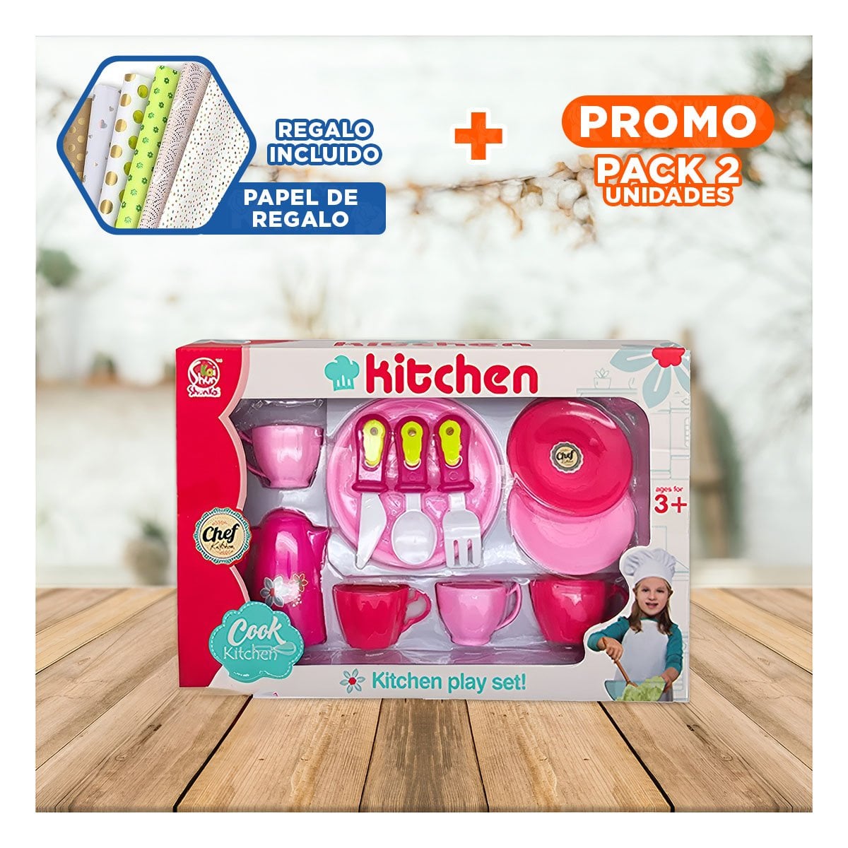 PACK2 DETALLE DE COCINA CON PLATOS Y TAZAS ROSADO PARA HOGAR Y MESA DELICADA YPAPEL REGALO - 1