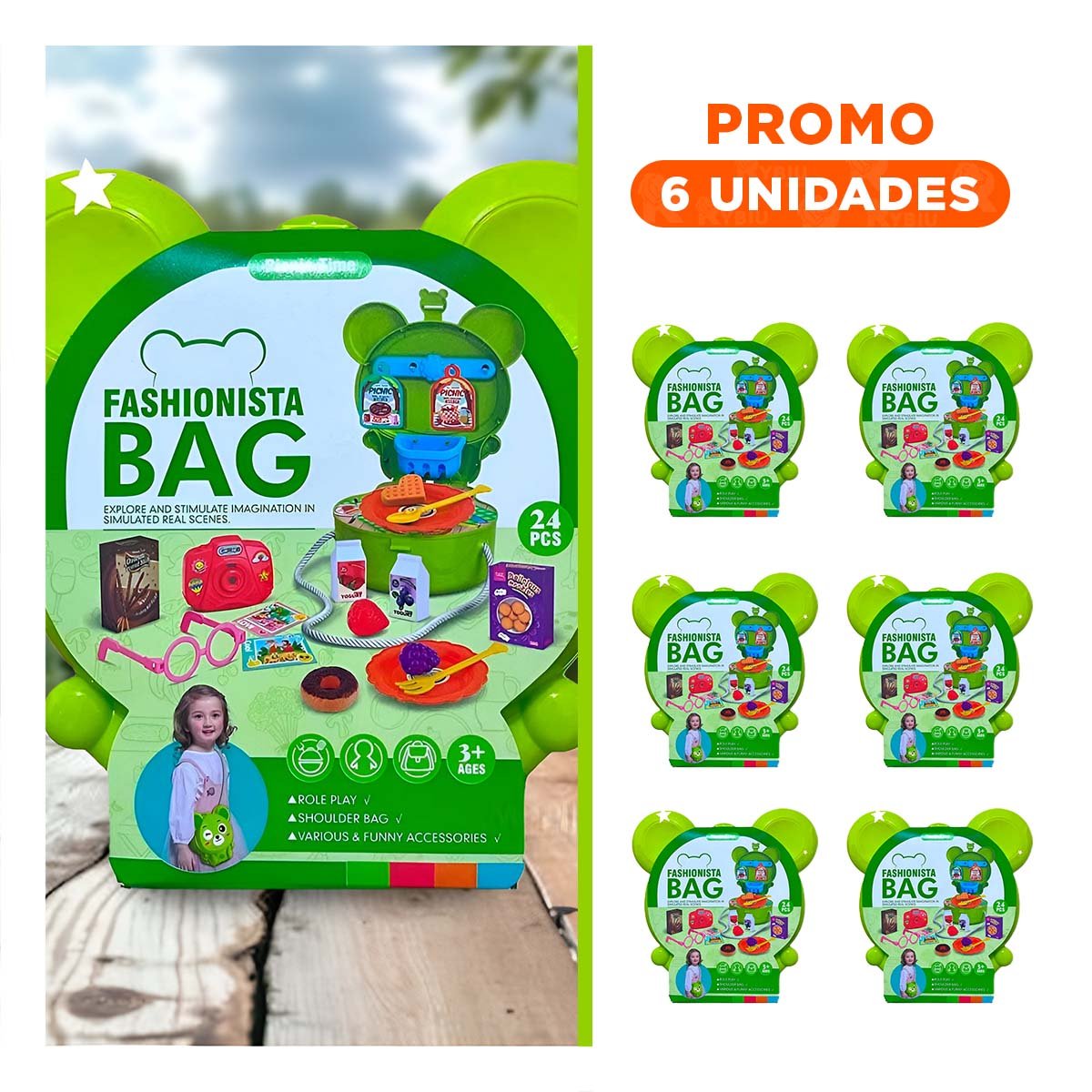 PACK6 ESTUCHE OREJITAS PICNIC 24 PZS VERDE PARA JUEGO INFANTIL DE ROL - 1