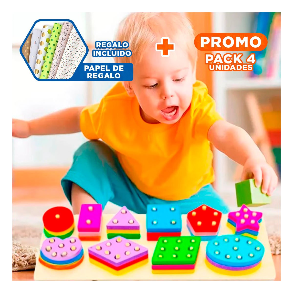 PACK4 ROMPECABEZAS DE ENCAJE GEOMETRICO Y CAJA CHICA EDUCATIVO YPAPEL REGALO - 1