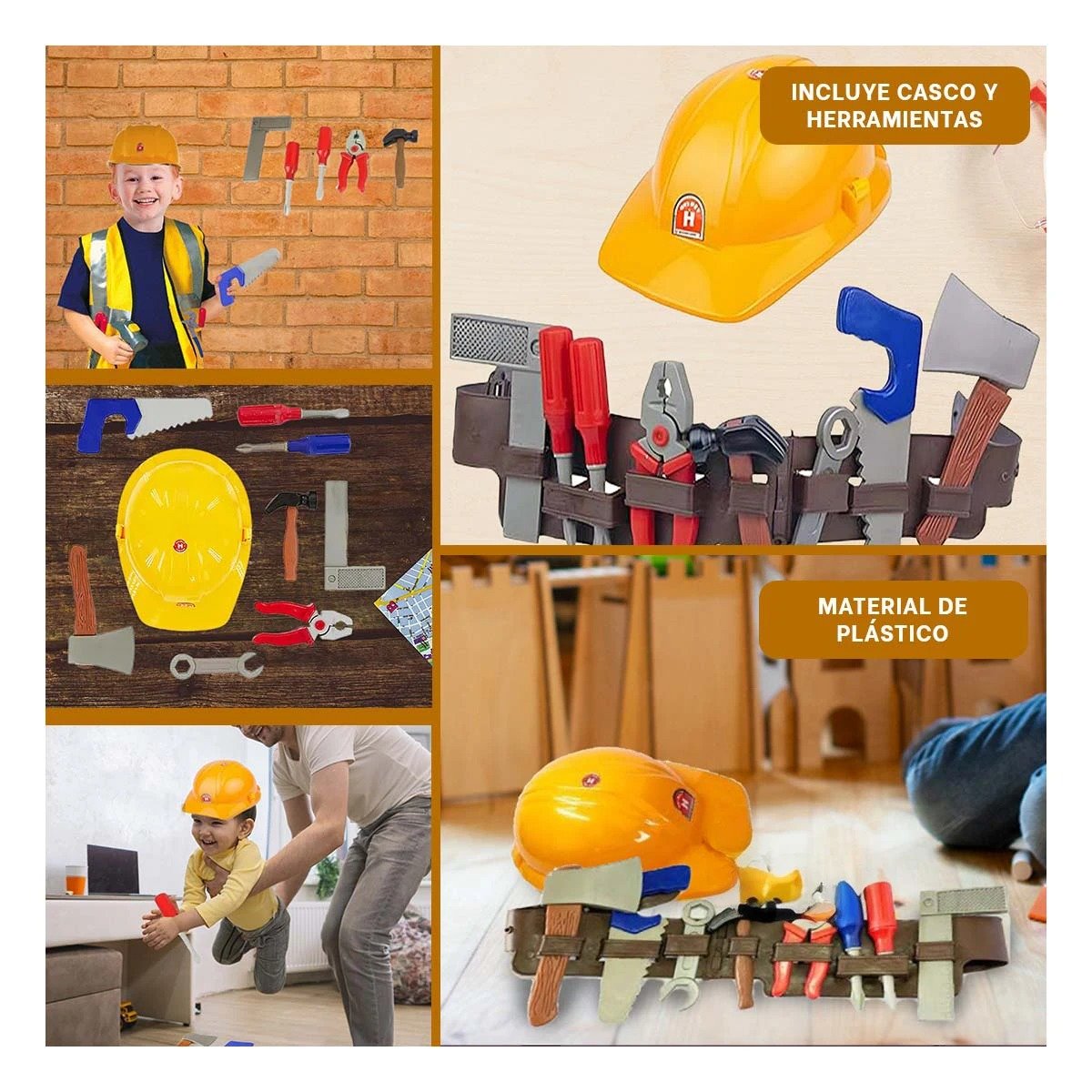 PACK4 CINTURON DIDACTICO DE HERRAMIENTAS CON CASCO AMARILLO PARA NINOS YREGALO STICKER - 2