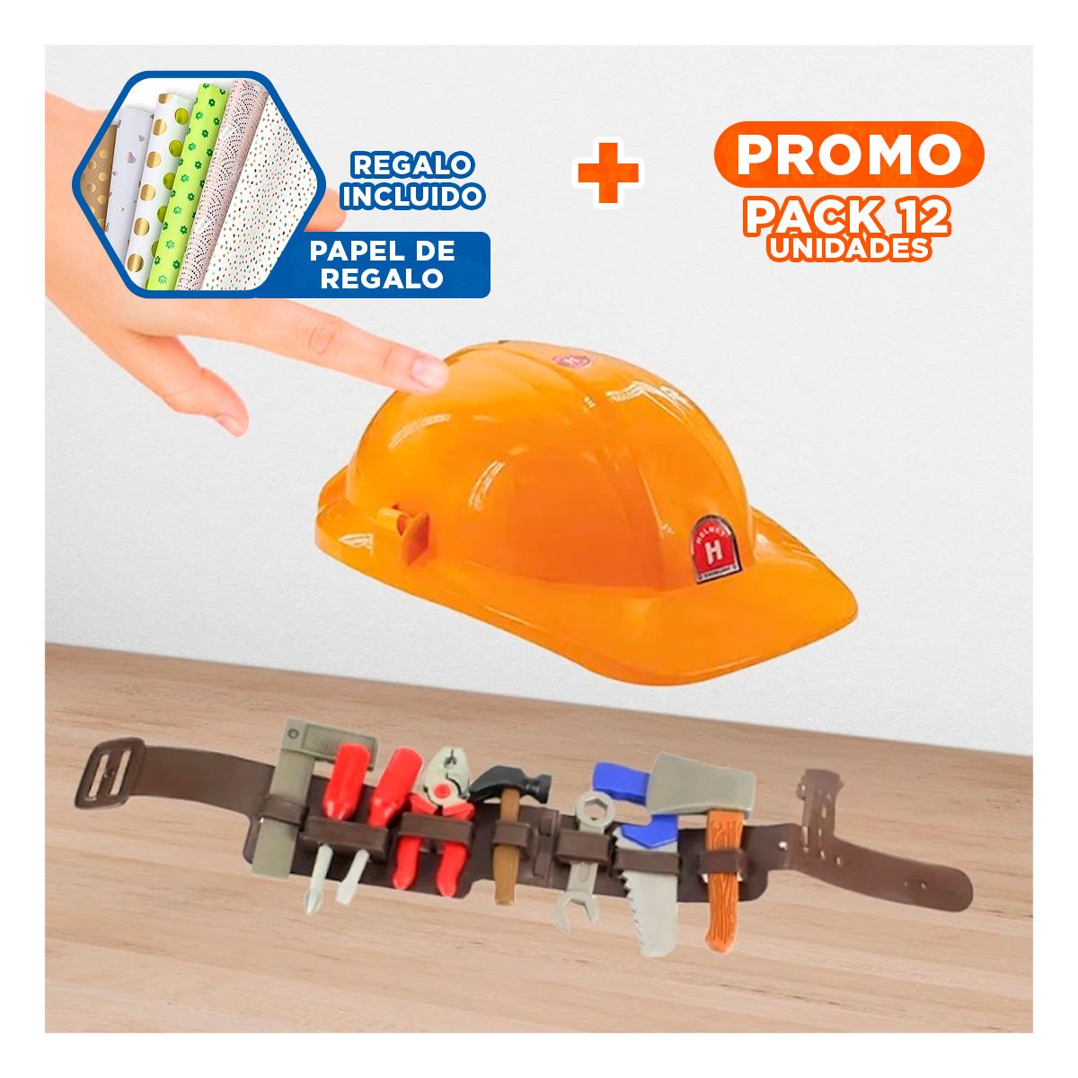 PACK12 KIT INTERACTIVO DE HERRAMIENTAS CON CINTURON Y CASCO AMARILLO EDUCATIVO YPAPEL REGALO - 1