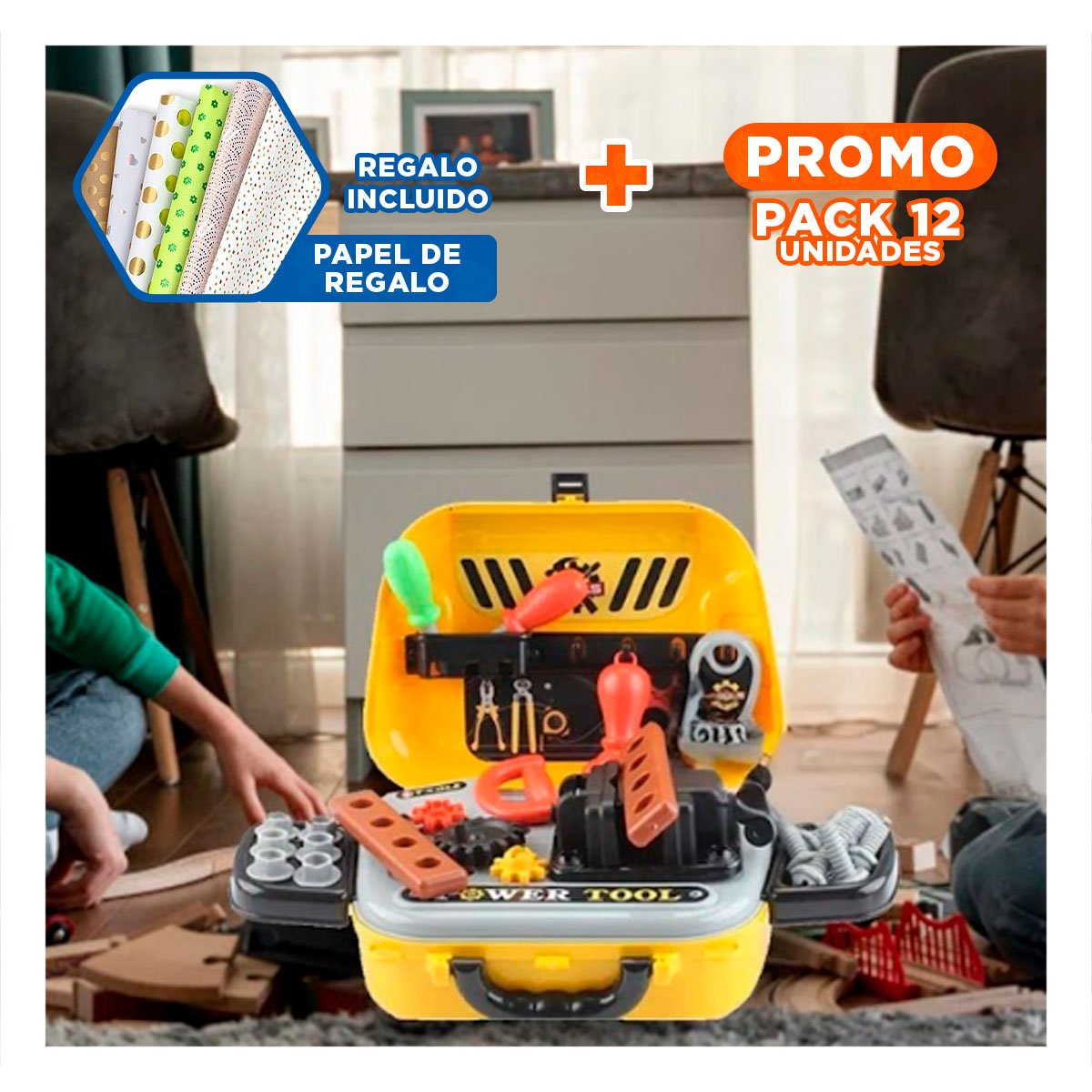 PACK12 SET DE HERRAMIENTAS 2 EN 1 AMARILLO PARA NINOS YPAPEL REGALO - 1