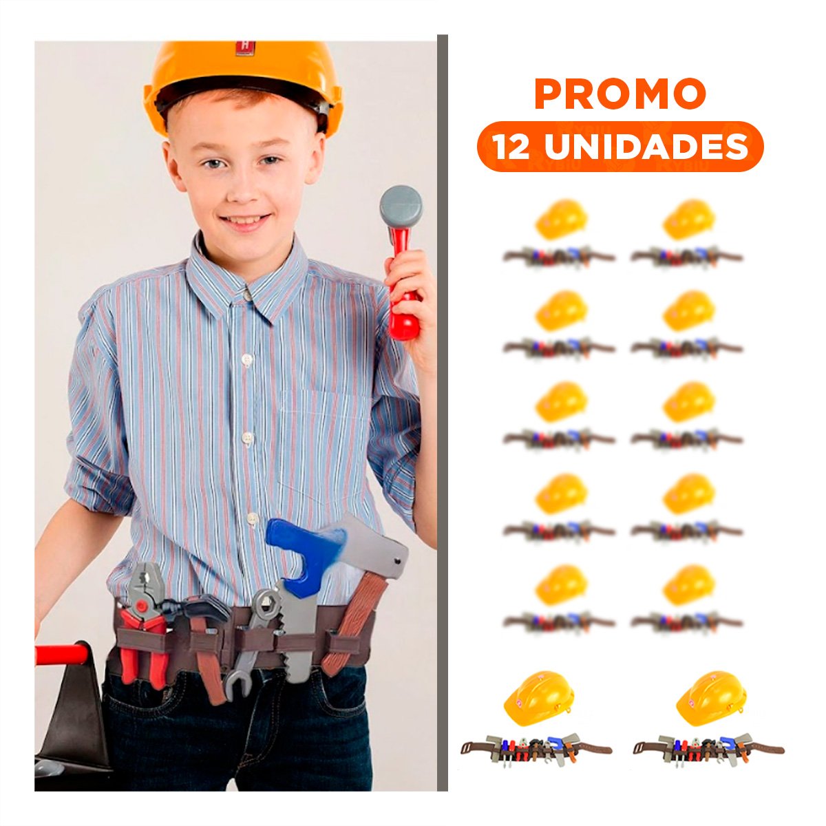 PACK12 KIT DE HERRAMIENTAS CON CINTURON Y CASCO COLOR AMARILLO PARA NINOS YREGALO STICKER - 1