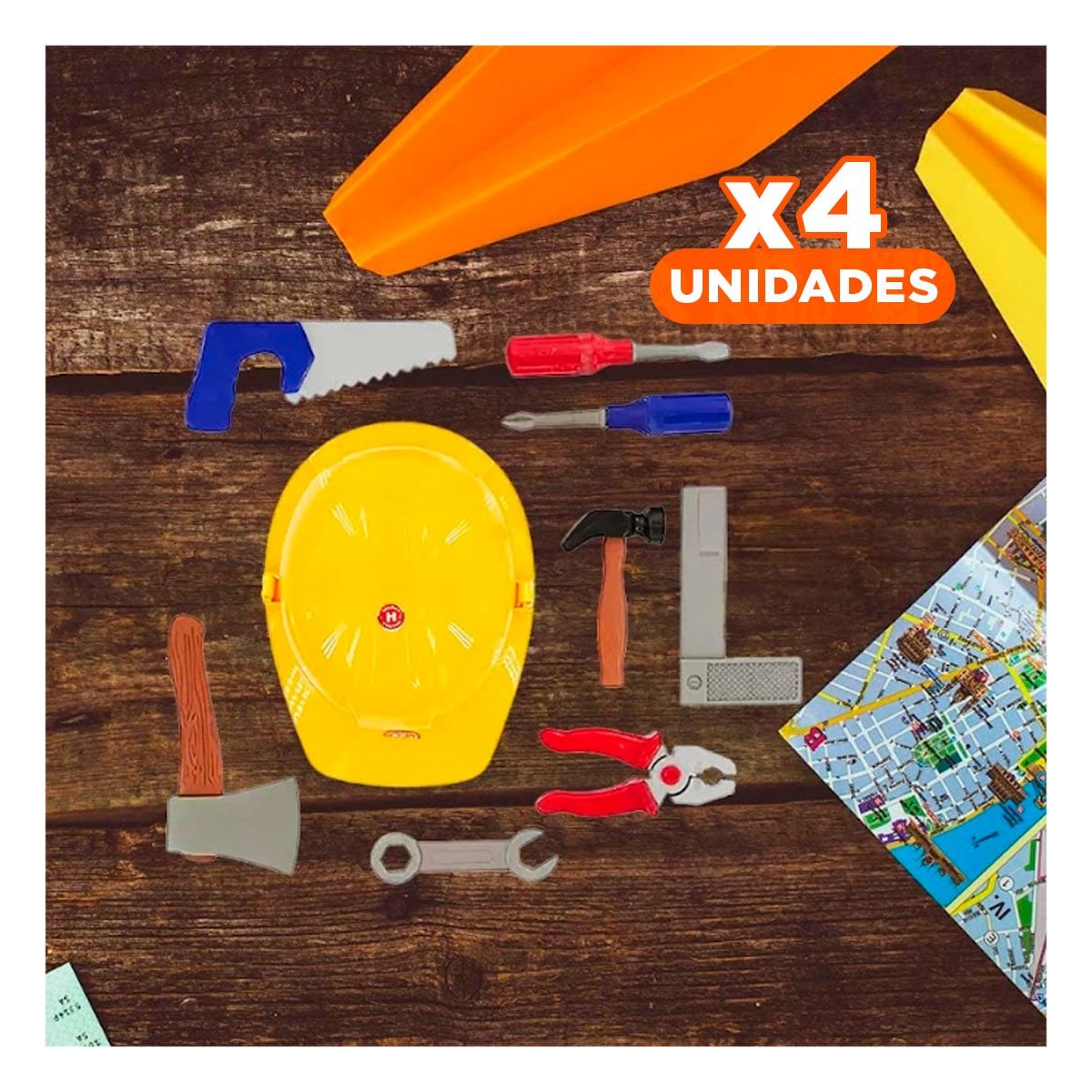 PACK4 EQUIPO DE HERRAMIENTAS DIDACTICO CON CINTURON Y CASCO AMARILLO PARA NINOS - 1
