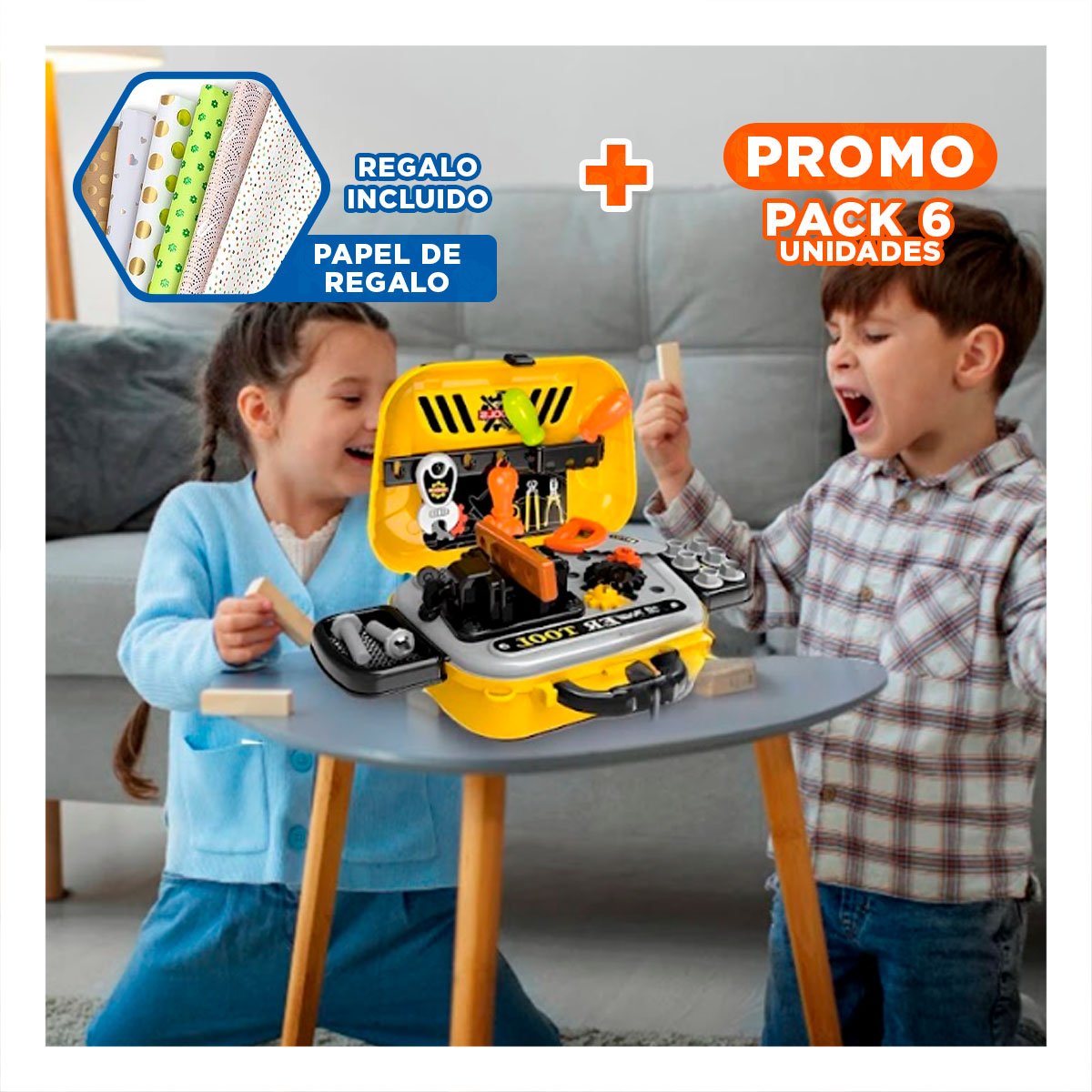 PACK6 MALETA EDUCATIVA DE HERRAMIENTAS 2 EN 1 AMARILLO Y CREATIVA YPAPEL REGALO - 1