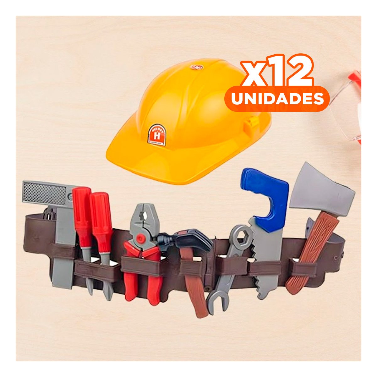 PACK12 KIT DE HERRAMIENTAS CON CINTURON Y CASCO AMARILLO PARA NINOS - 1