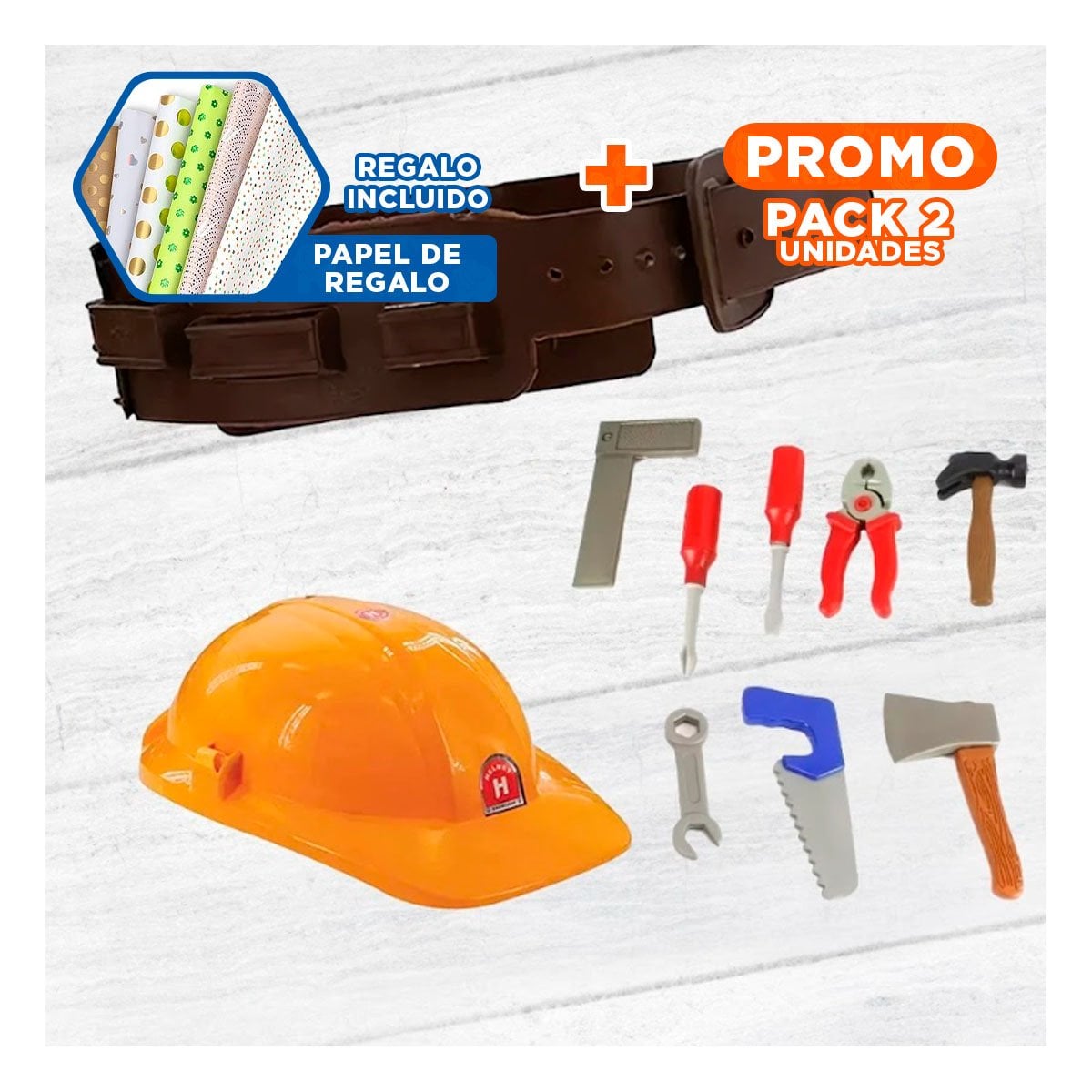 PACK2 EQUIPO DE HERRAMIENTAS CON CINTURON Y CASCO AMARILLO PARA NINOS YPAPEL REGALO - 1