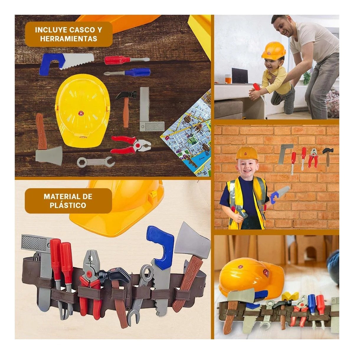 PACK2 EQUIPO DE HERRAMIENTAS CON CINTURON Y CASCO AMARILLO PARA NINOS YPAPEL REGALO - 3