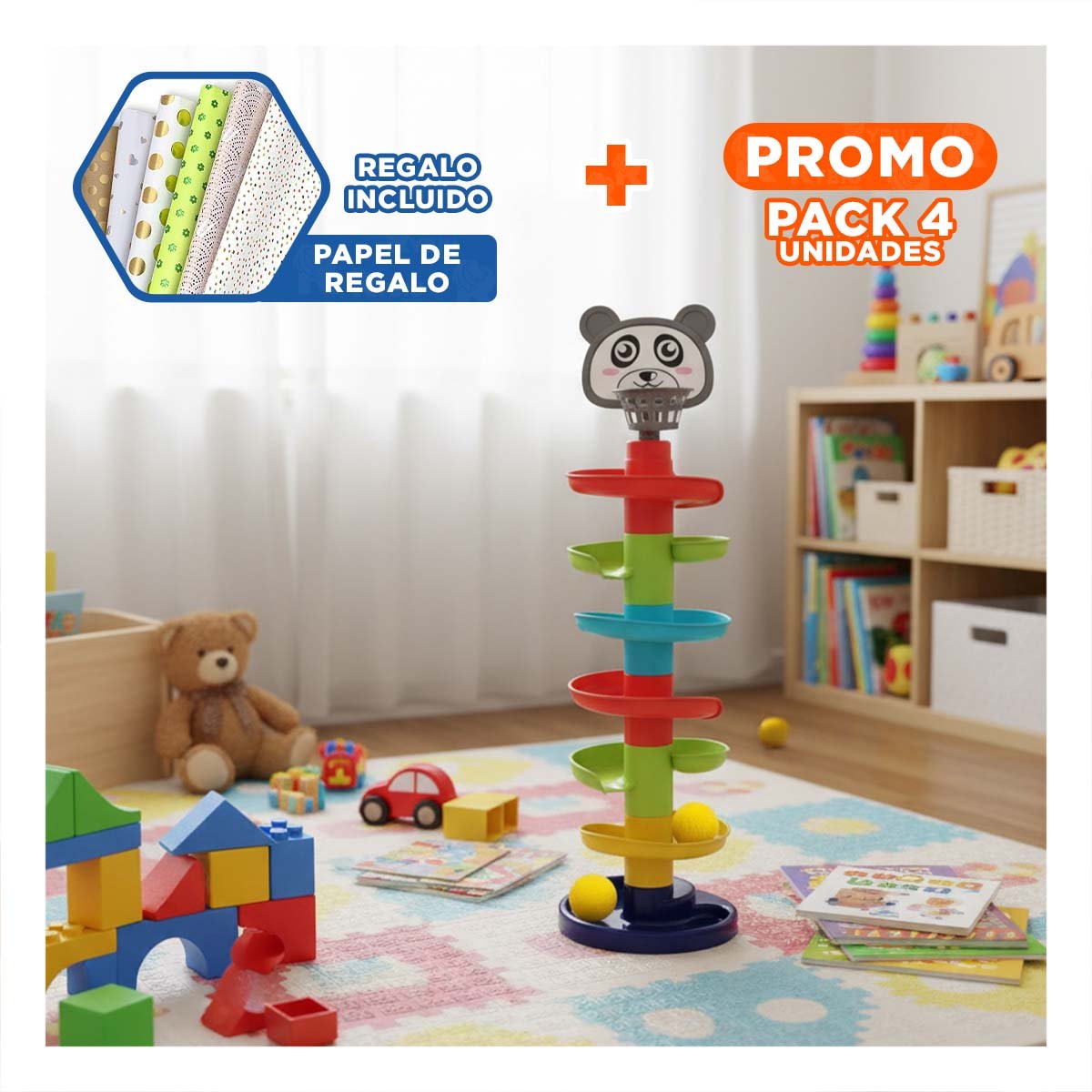 PACK4 RESBALADILLA CREATIVA DE 4 NIVELES CON 2 PELOTAS OSO YPAPEL REGALO - 1