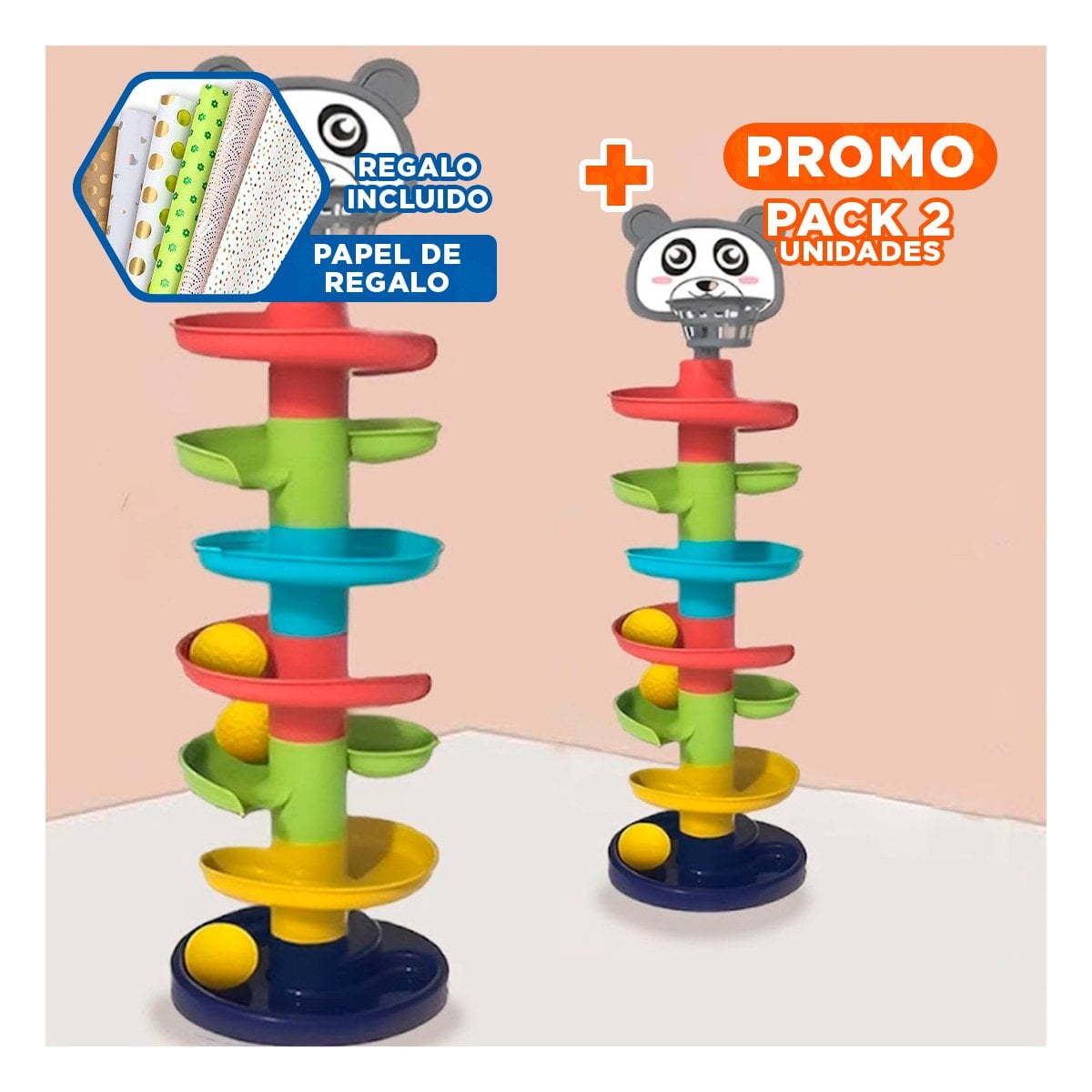 PACK2 TOBOGAN PARA NINOS EDUCATIVO DE 4 NIVELES CON 2 PELOTAS OSO YPAPEL REGALO - 1