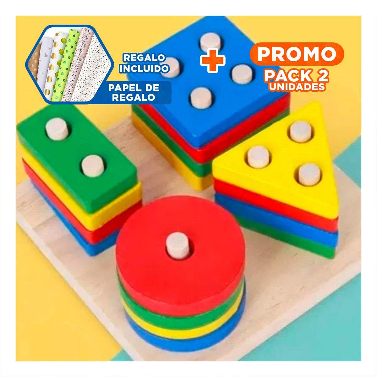 PACK2 JUGUETE DE ENCAJE DIDACTICO DE 4 FIGURAS MULTICOLOR DIVERTIDO YPAPEL REGALO - 1