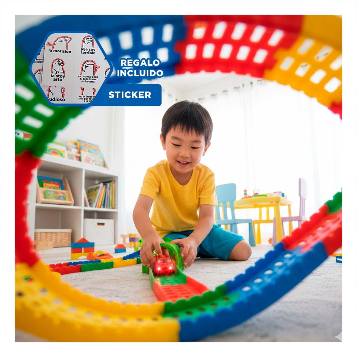 SISTEMA DE CARRERAS CON MINI CARRO Y PISTAS PARA JUEGO CREATIVO EN CASA YREGALO STICKER - 1